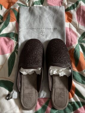 Brunello Cucinelli  Dark Brown Woven Leather Slip-On Mules